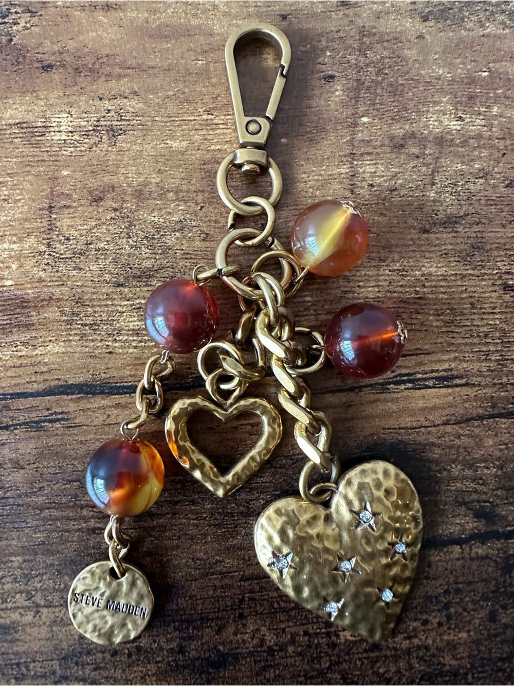 Steve Madden Gold-Tone Heart Bag Charm Keychain with Chain & Amber Beads NWOT
